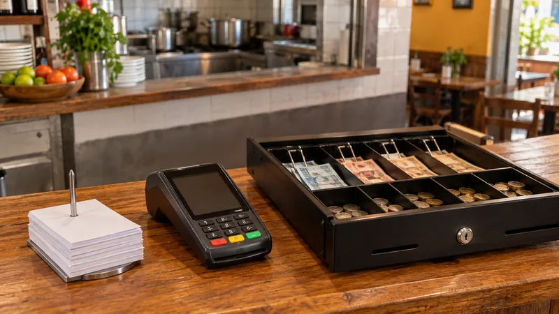 Balcão de restaurante organizado com máquina de cartão, dinheiro em gaveta e comandas