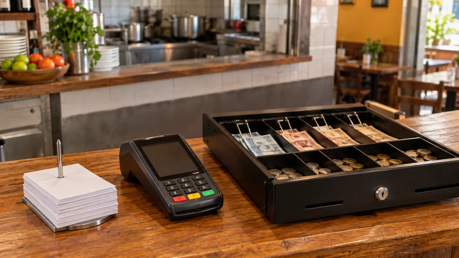 Balcão de restaurante organizado com máquina de cartão, dinheiro em gaveta e comandas
