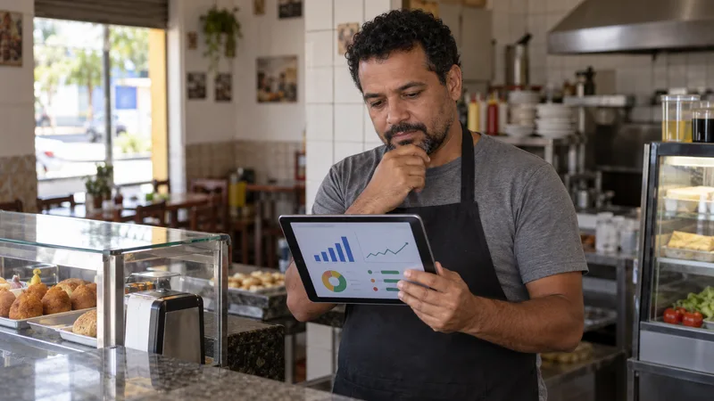 Dono de lanchonete olhando para uma tela com gráficos simples de vendas e estoque