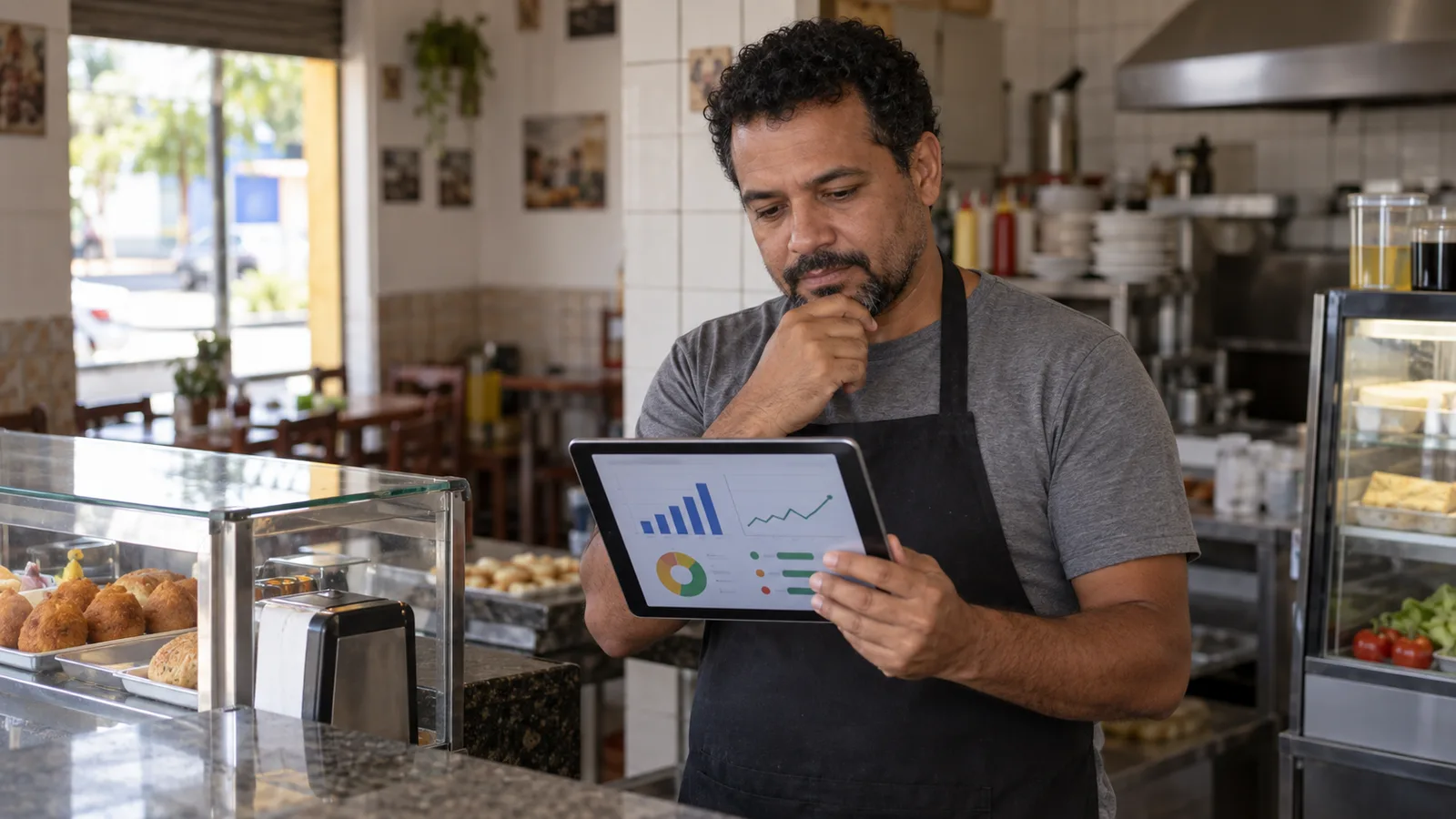 Dono de lanchonete olhando para uma tela com gráficos simples de vendas e estoque
