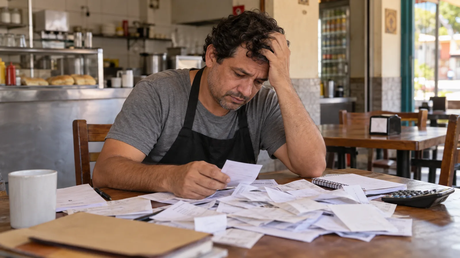Dono de lanchonete preocupado olhando para papéis e recibos desorganizados sobre a mesa