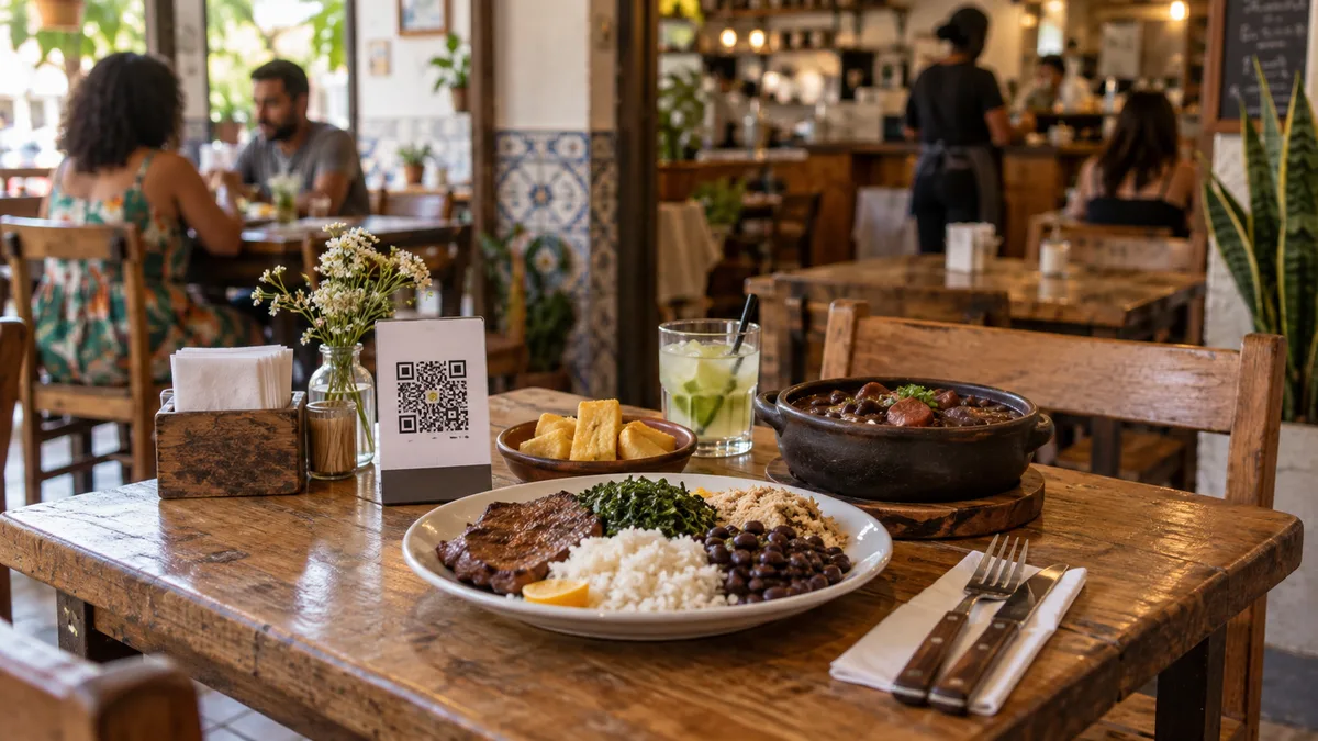 Mesa de restaurante com um cartão de QR code ao lado de pratos servidos