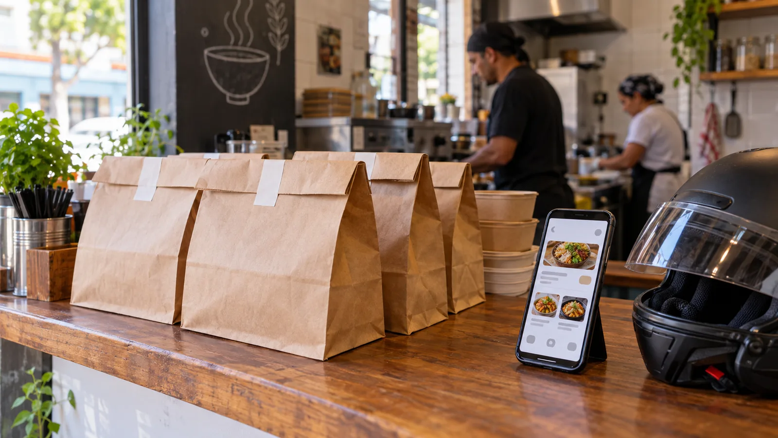 Sacolas de entrega de delivery organizadas sobre um balcão ao lado de um celular com tela de aplicativo