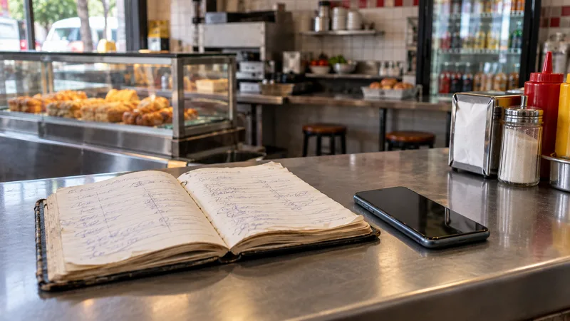 Caderno de anotações de fiado ao lado de um celular em um balcão de lanchonete