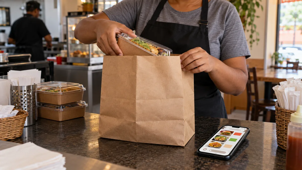 Balconista embalando pedido de delivery com um cardápio digital aberto no celular ao lado