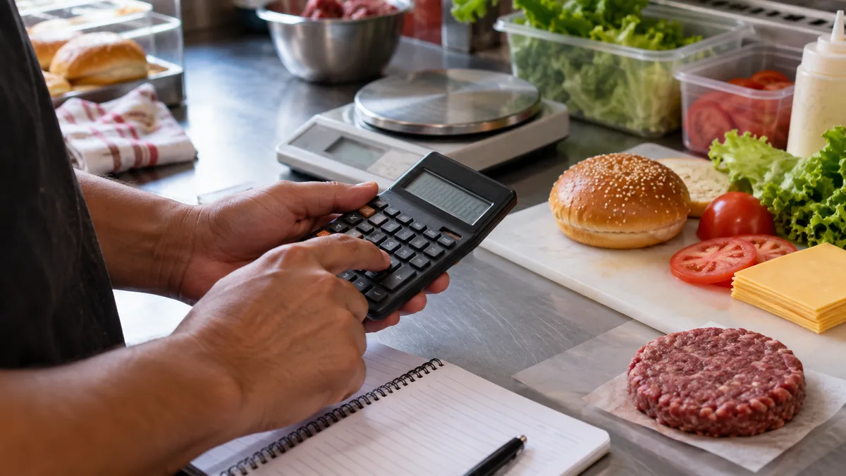 Dono de lanchonete usando calculadora para definir o preço de venda de um hambúrguer