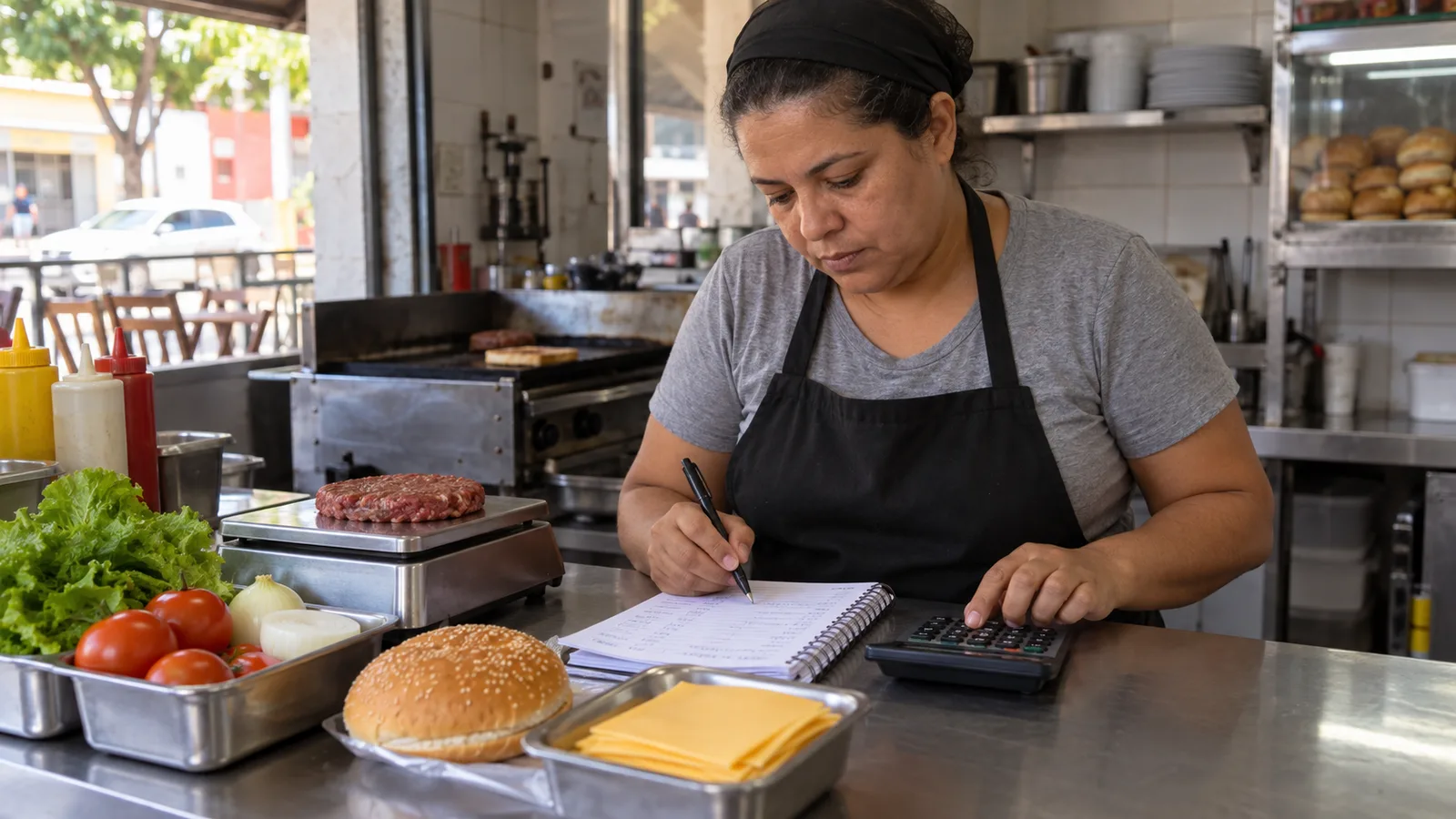 Dono de lanchonete usando calculadora para definir o preço de um lanche sobre o balcão