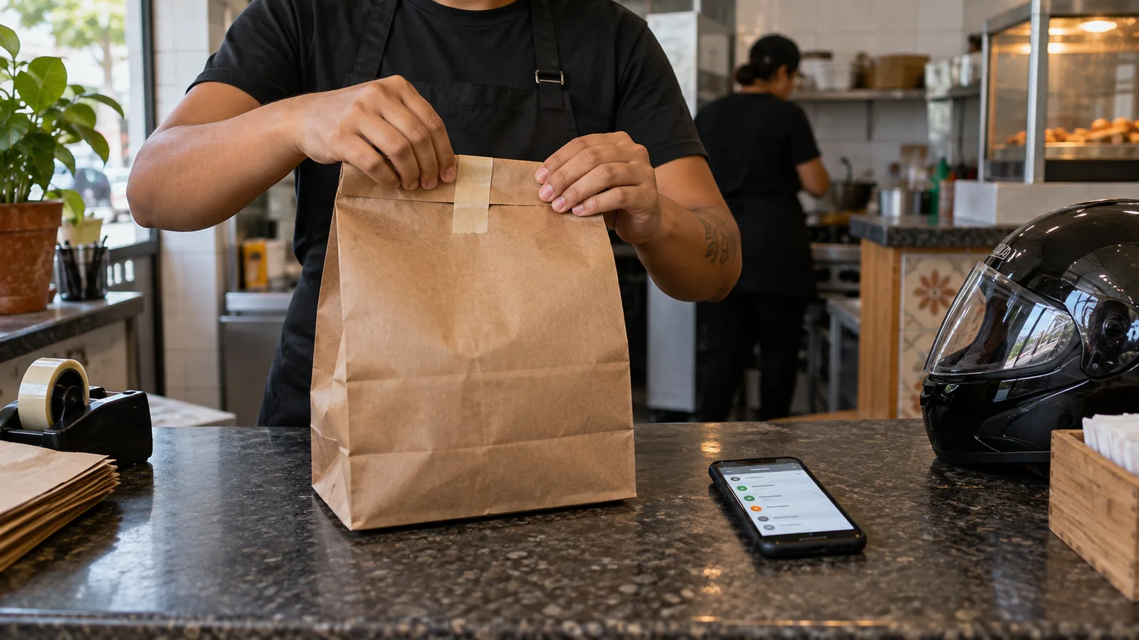 Balconista embalando um pedido de delivery com celular ao lado mostrando tela genérica de aplicativo