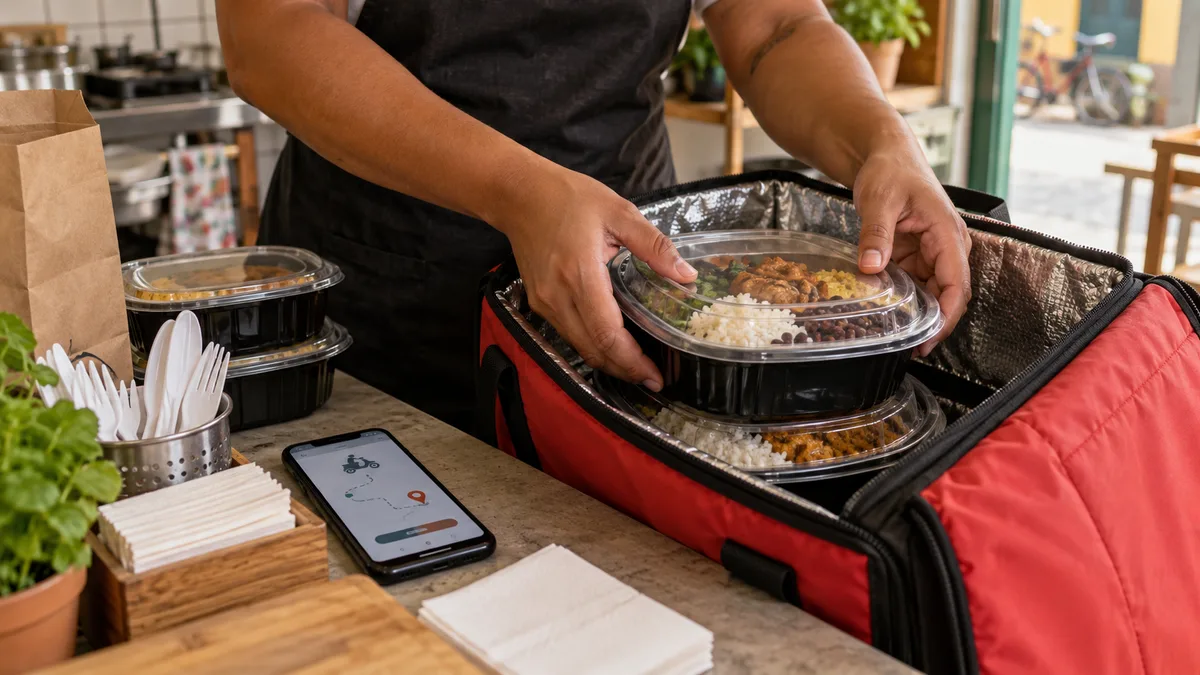 Balconista embalando pedido de delivery com celular ao lado mostrando tela genérica de aplicativo