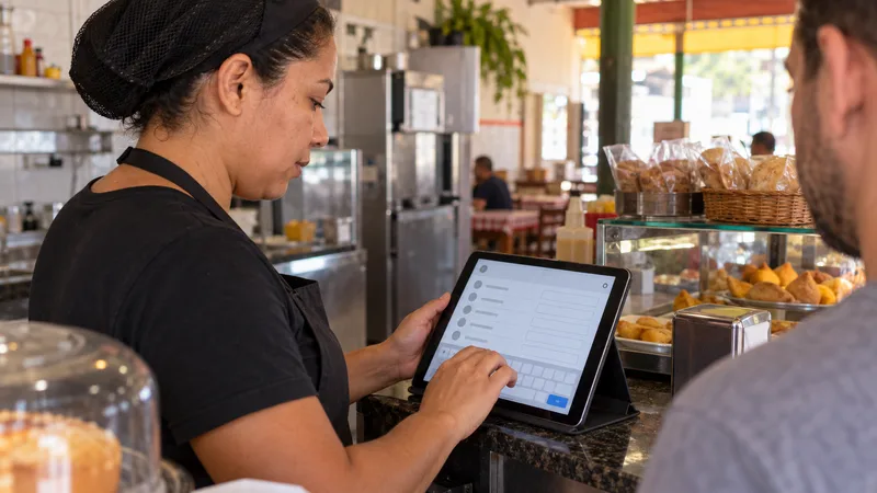 Balconista anotando o nome de um cliente em um sistema digital de controle de fiado