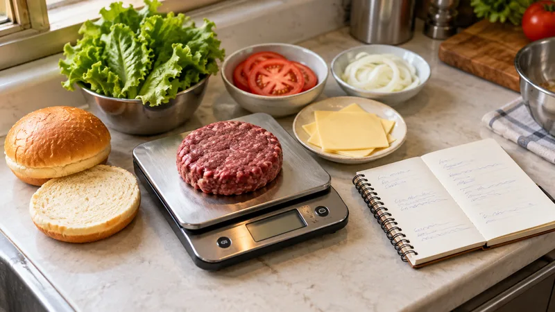 Ingredientes de um hambúrguer organizados sobre uma balança de cozinha ao lado de um caderno de anotações