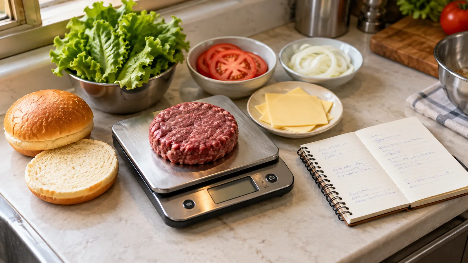 Ingredientes de um hambúrguer organizados sobre uma balança de cozinha ao lado de um caderno de anotações