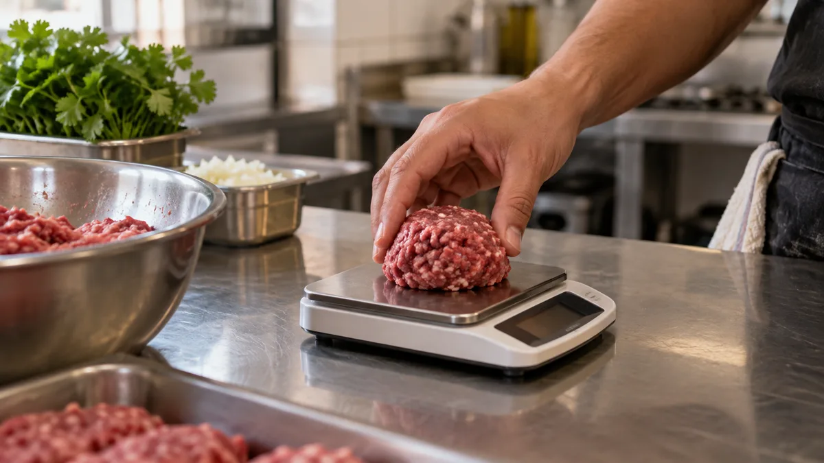 Mão pesando uma porção de carne em uma balança de cozinha para montar a ficha técnica de um hambúrguer