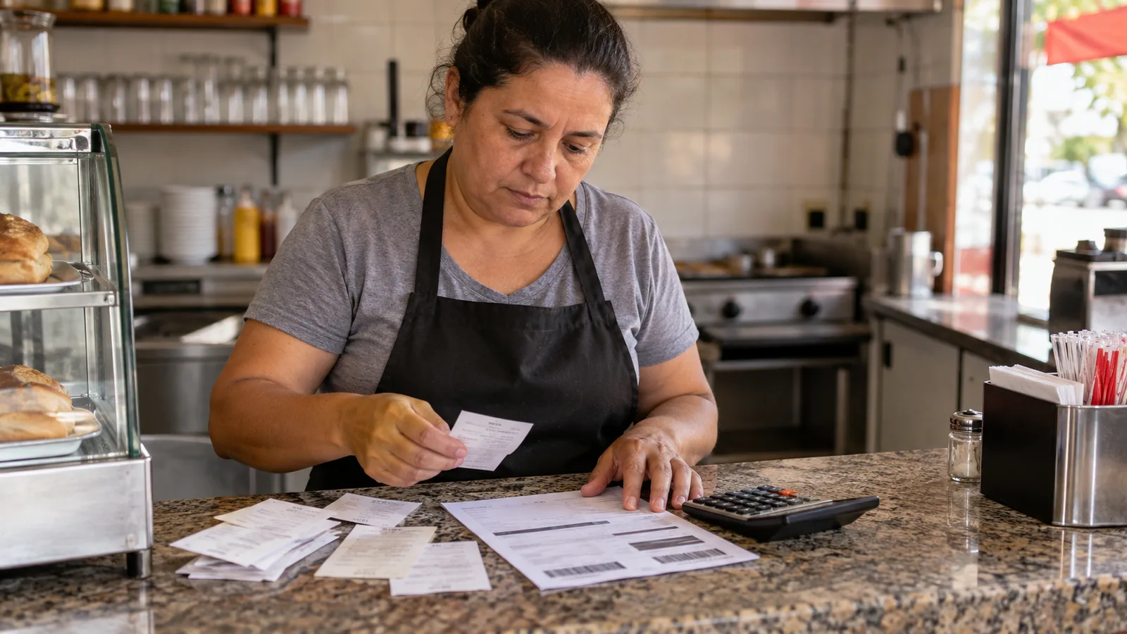 Dono de uma pequena lanchonete MEI organizando notas e um boleto de pagamento sobre o balcão