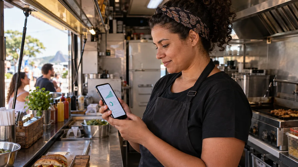 Empreendedora MEI conferindo o total de vendas do mês em um celular dentro de um food truck