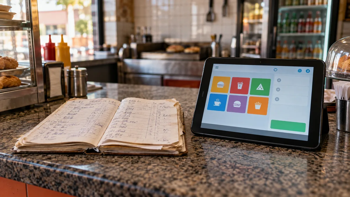 Caderno de anotações ao lado de um tablet com tela de sistema PDV genérico