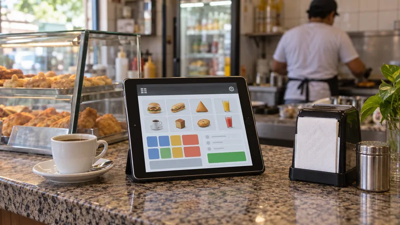 Tela de um tablet com sistema de ponto de venda genérico sobre o balcão de uma lanchonete