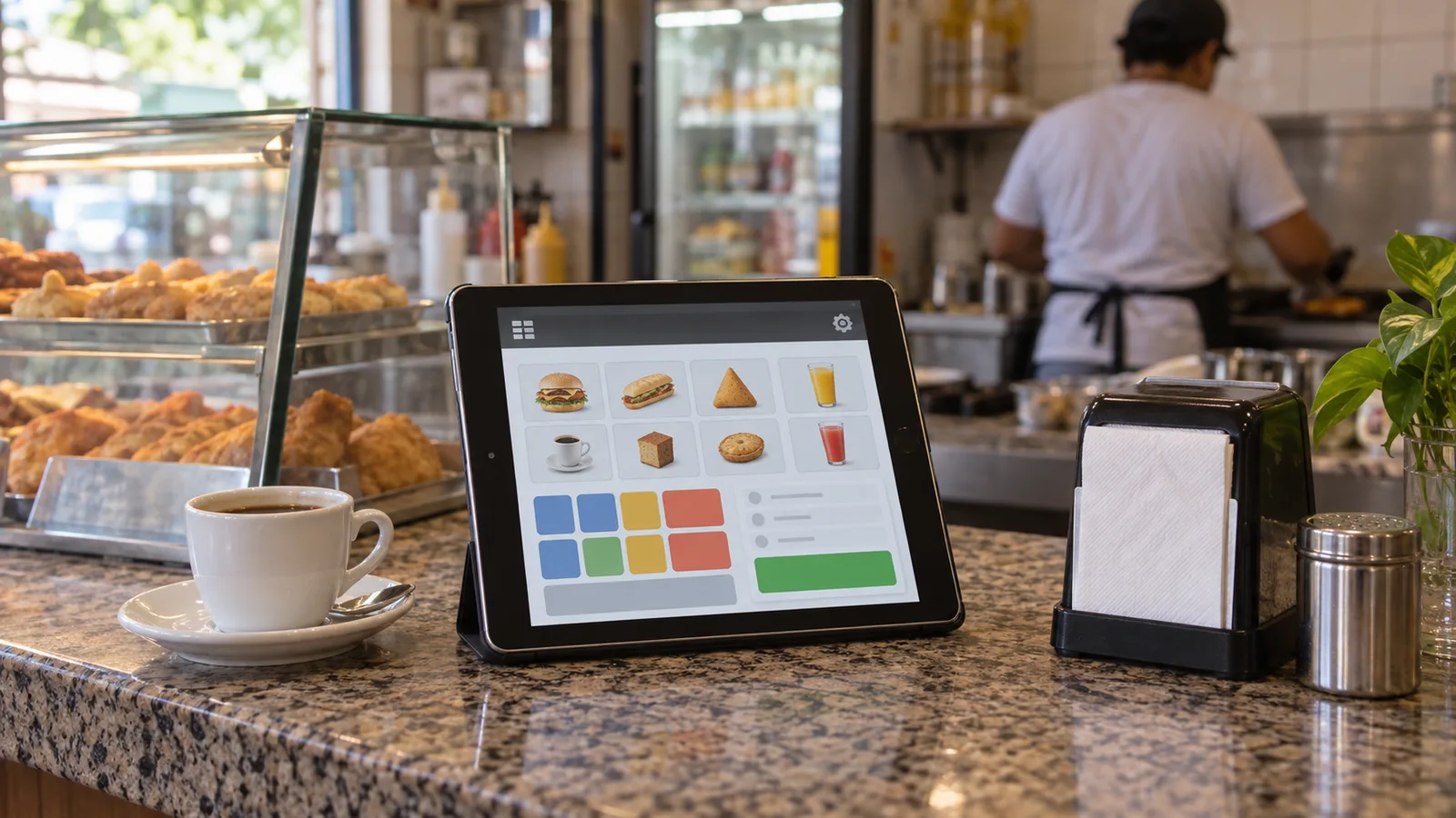 Tela de um tablet com sistema de ponto de venda genérico sobre o balcão de uma lanchonete