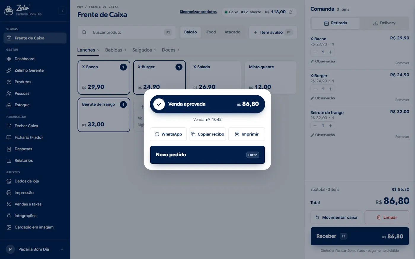 Janela Venda aprovada com os botões WhatsApp, Copiar recibo e Imprimir