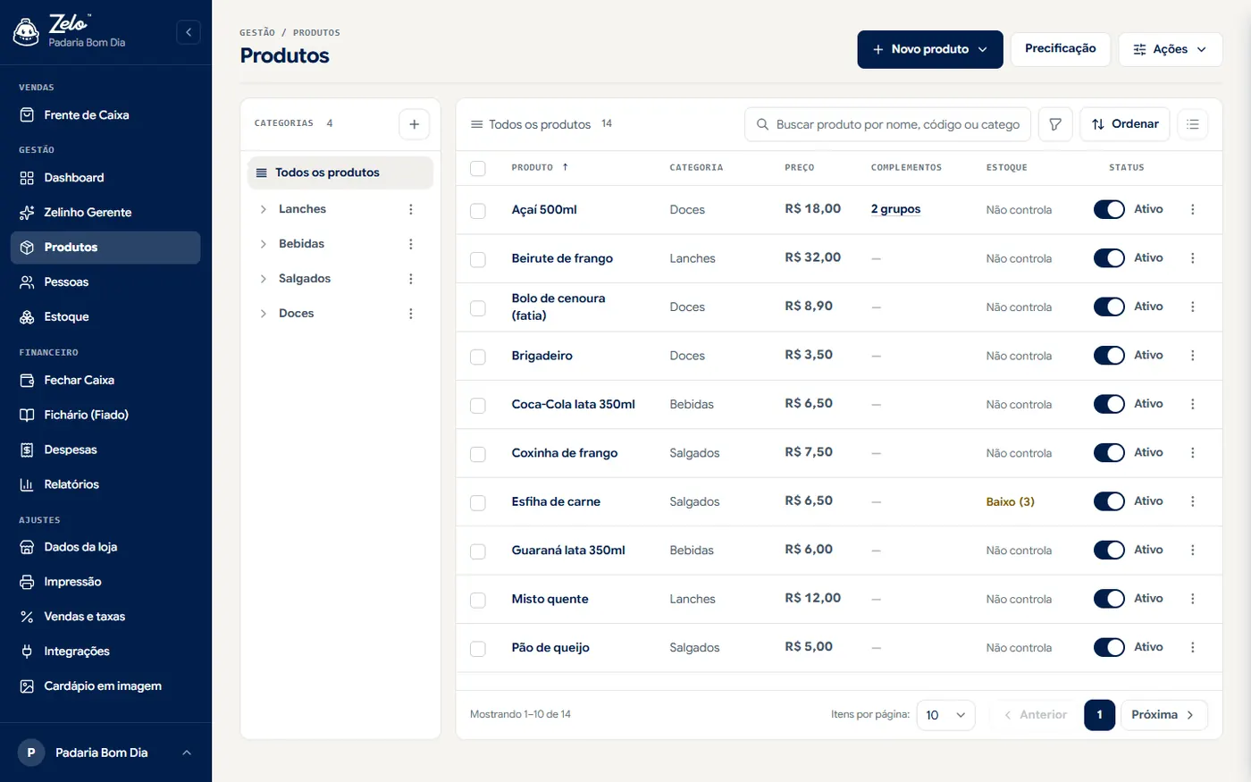 Lista de produtos com categorias, preço, complementos, estoque e situação