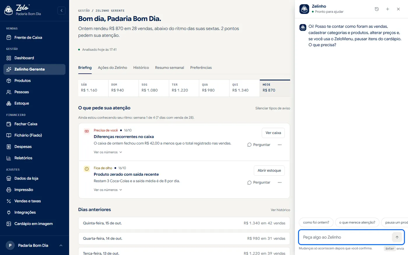 Painel do Zelinho Gerente com o briefing do dia, os alertas e o chat aberto ao lado