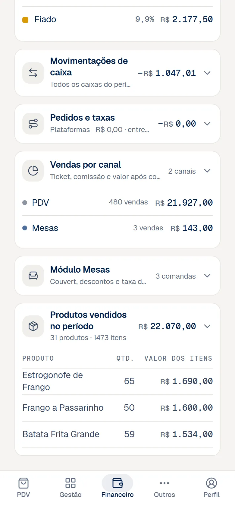Relatório de vendas do Zelo PDV no celular