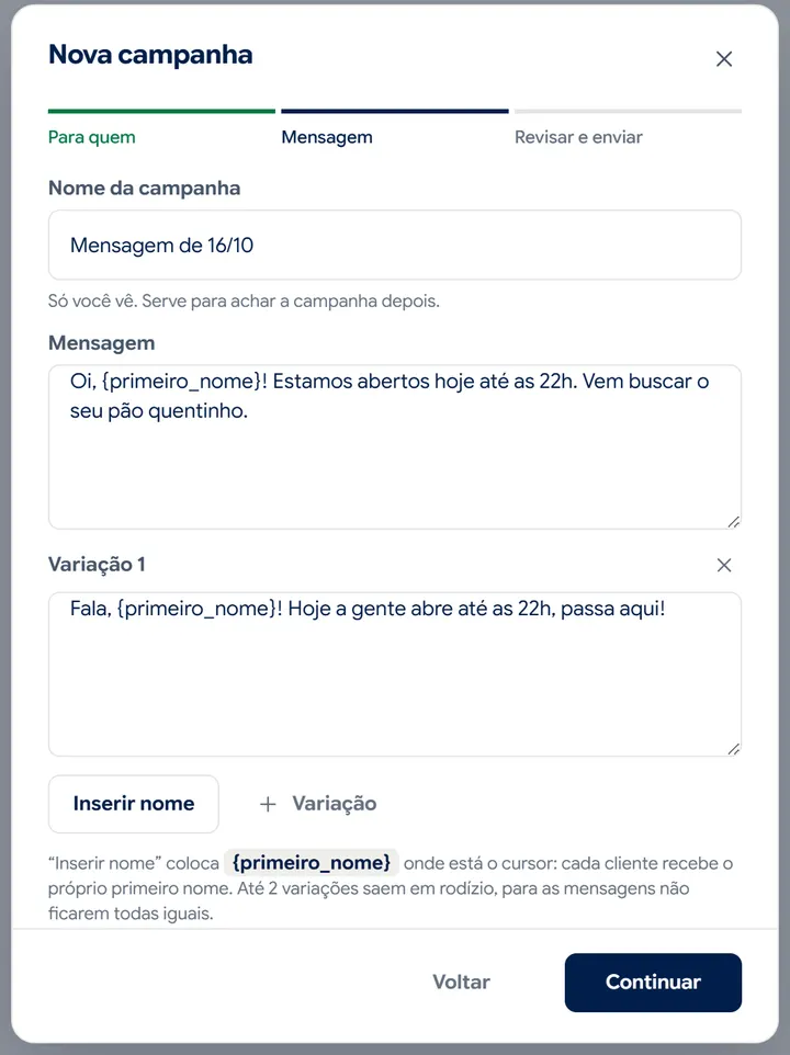 Passo Mensagem do assistente de campanha: nome da campanha, texto com primeiro nome e uma variação.