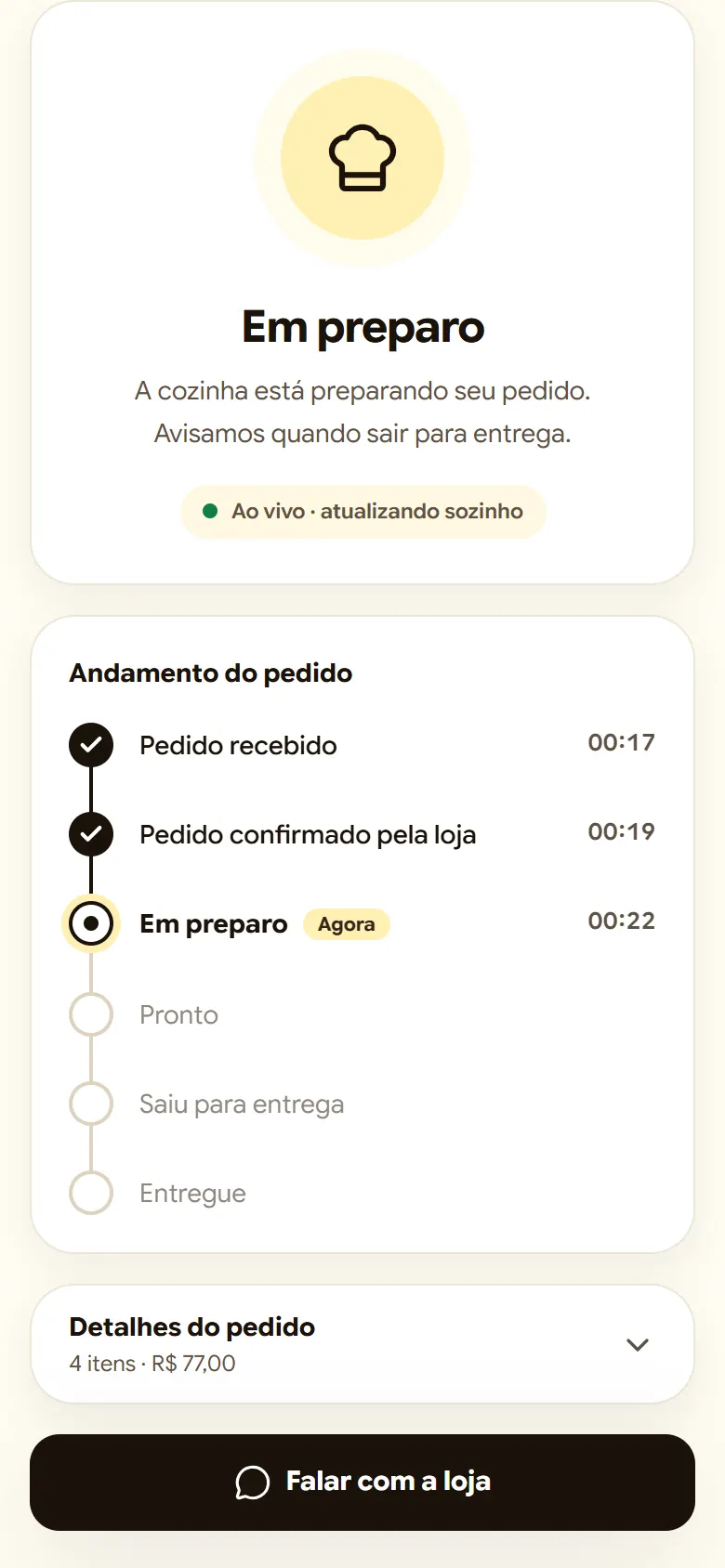 Tela de acompanhamento com o pedido em preparo e a linha do tempo