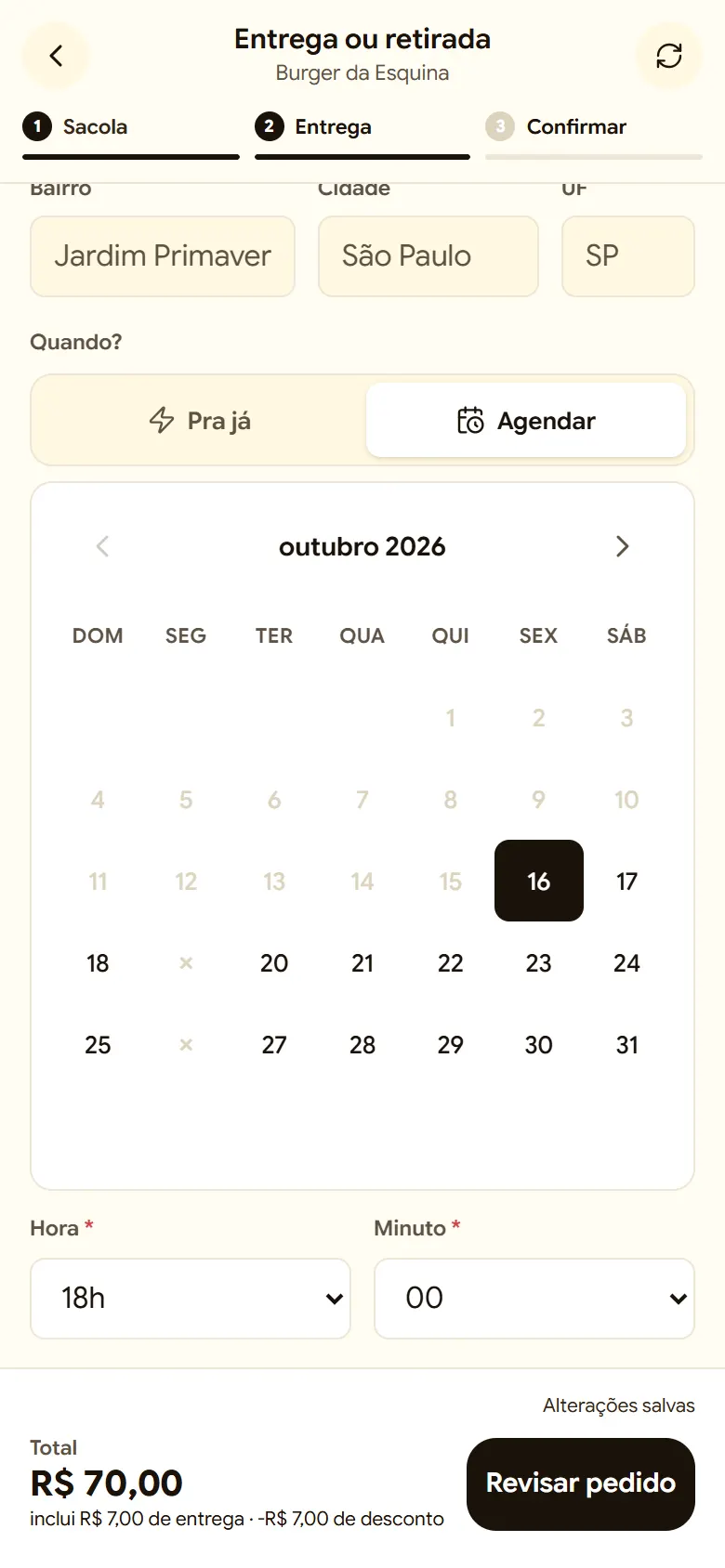 Calendário de outubro para agendar o pedido, com os dias fechados bloqueados