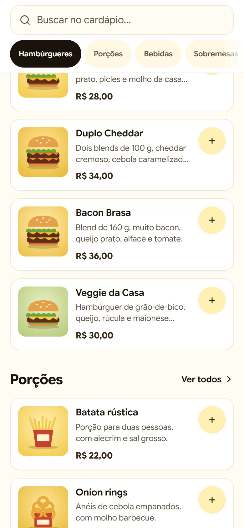 Lista de hambúrgueres com foto, descrição e preço