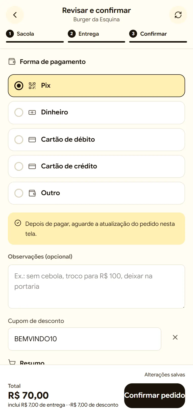 Tela de forma de pagamento com Pix selecionado e campo de cupom
