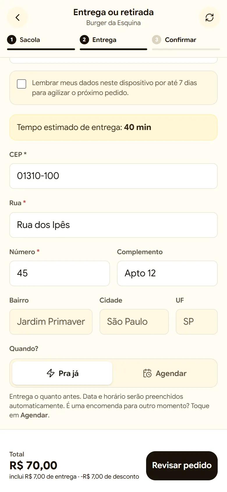 Passo de entrega com CEP, endereço e a escolha entre pra já e agendar