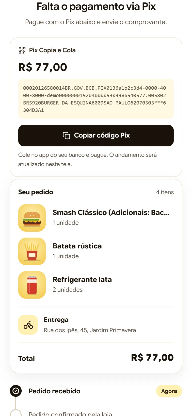 Tela de pagamento via Pix Copia e Cola com o resumo do pedido