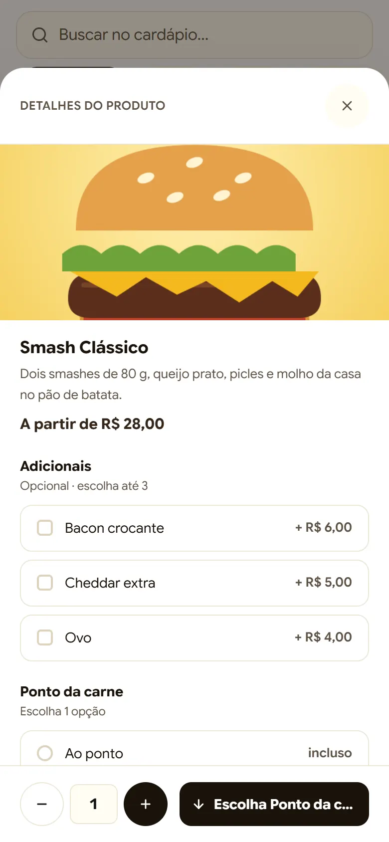 Tela de um produto do cardápio com adicionais