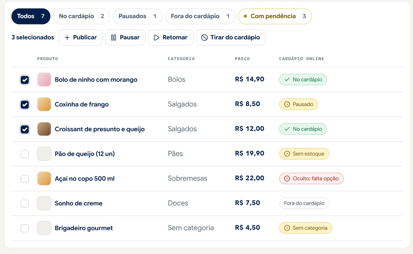 Lista de produtos do PDV com a coluna Cardápio online: no cardápio, pausado, sem estoque e fora