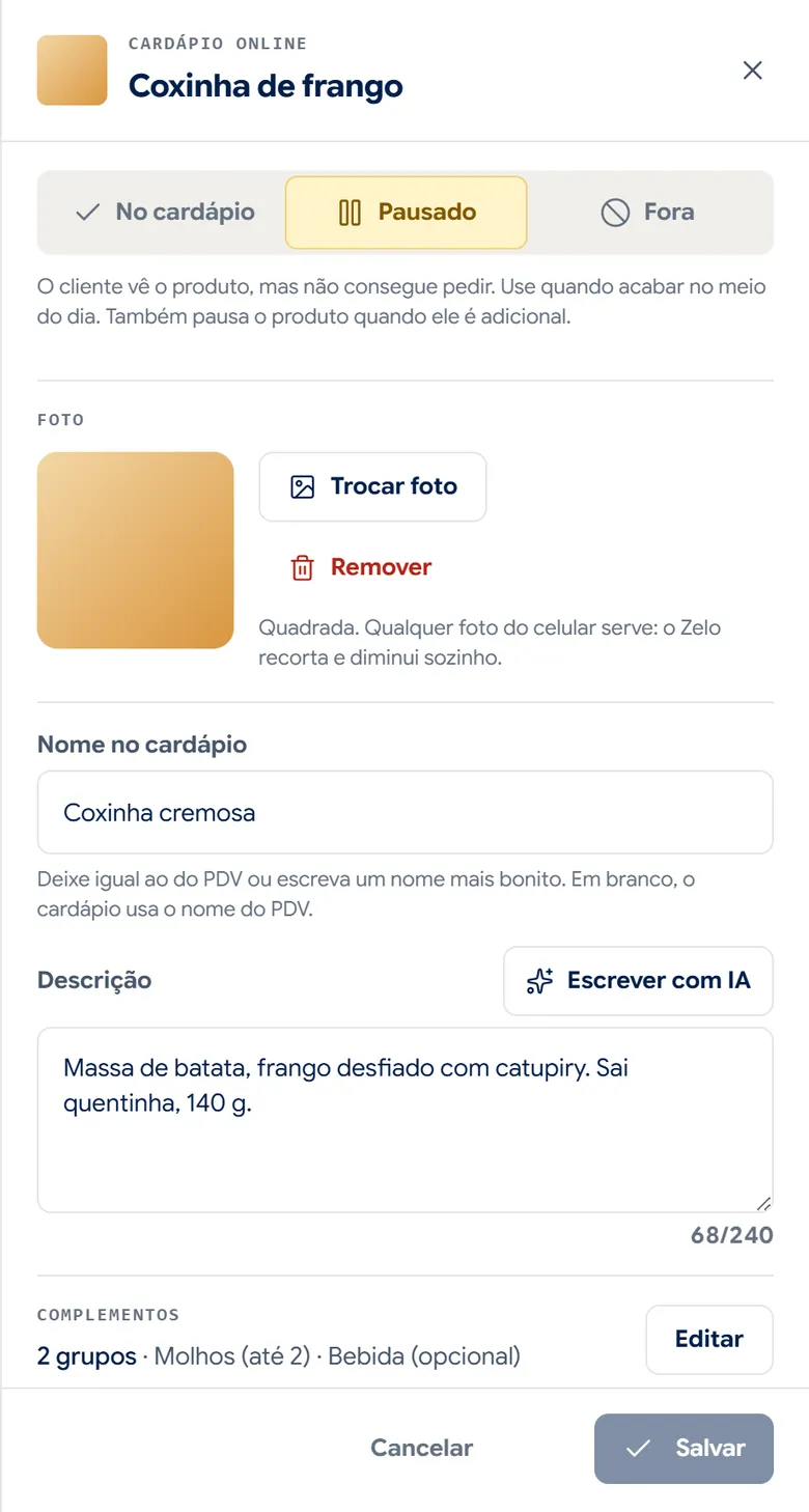 Folha de um produto com as opções no cardápio, pausado e fora, foto, nome e descrição