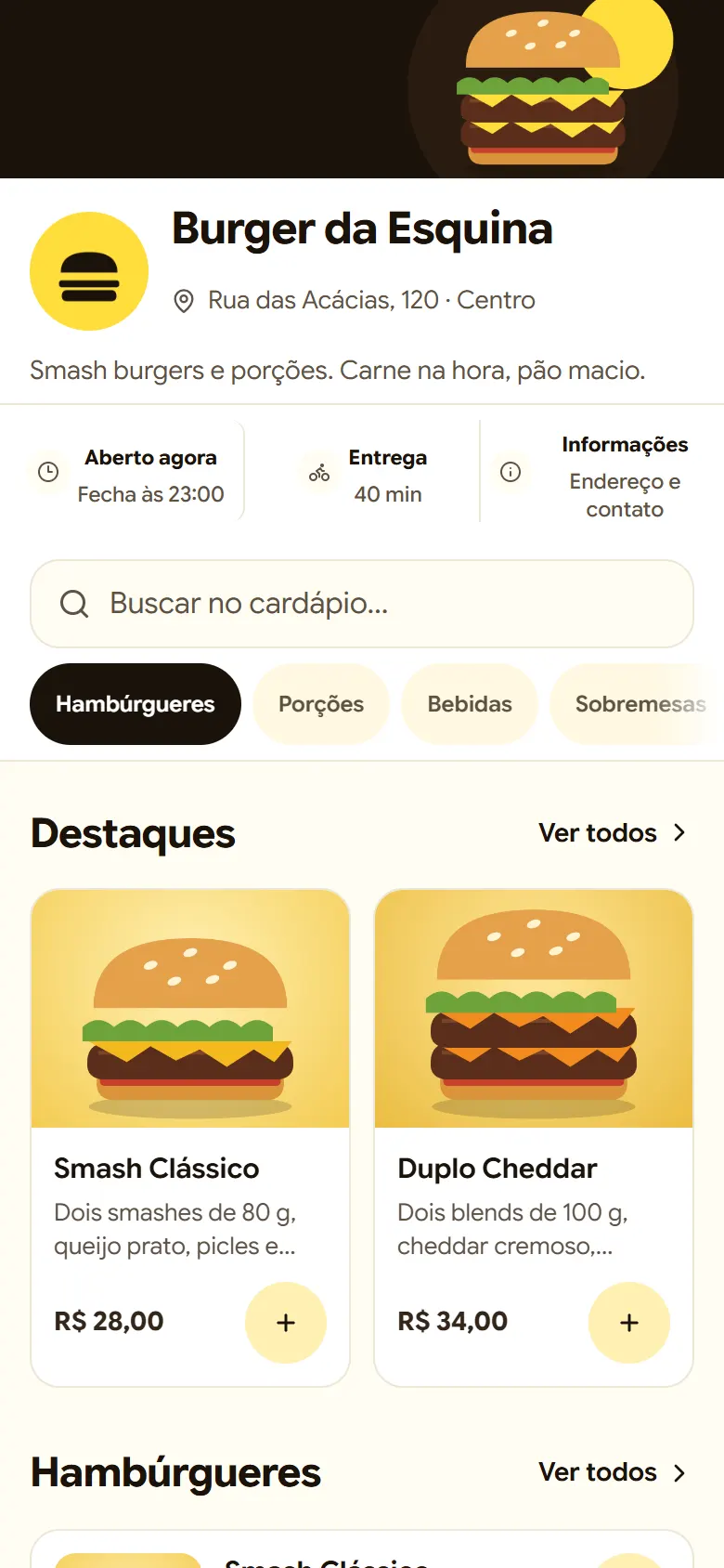 Cardápio online de uma hamburgueria de exemplo no celular
